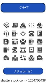 Vector icons pack of 25 filled chat icons. Simple modern icons about  - Phone, Telephone, Help, Sos, Call center, Customer support, Smartphone, Mobile, Contact, Emotion, Text