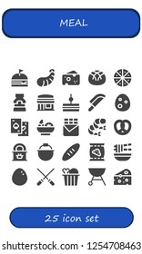 Vector icons pack of 25 filled meal icons. Simple modern icons about  - Burger, Shrimp, Cheese, Bread, Pizza, Mustard, Restaurant, Sandwich, Knife, Egg, Chips, Salad, Chocolate bar