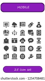 Vector icons pack of 25 filled mobile icons. Simple modern icons about  - Online store, Cloud computing, Telephone, Pendrive, Bitcoin, Ebook, Mobile, Customer support, Responsive