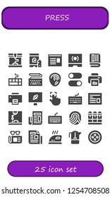 Vector icons pack of 25 filled press icons. Simple modern icons about  - Printing, Fingerprint, Newspaper, Touch screen, Keyboard, Switches, Print, Printer, News report, Touch