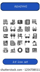 Vector icons pack of 25 filled reading icons. Simple modern icons about  - Bookshelf, Education, Book, Newspaper, Library, Glasses, Abc, Magazine, Books, Desk lamp, Bookmark, Phone book