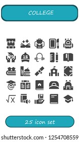 Vector icons pack of 25 filled college icons. Simple modern icons about  - Backpack, Book, Dissection, Graduation, Cap, Lesson, School, Books, Diploma, Learn, Math, Education