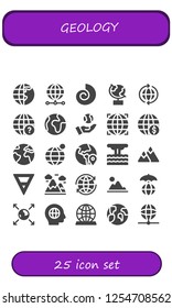 Vector icons pack of 25 filled geology icons. Simple modern icons about  - Earth globe, World, Fossil, Globe, Earth, Eruption, Mountain, Mountains, Global
