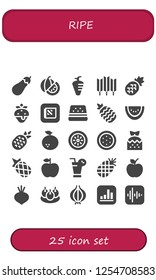 Vector icons pack of 25 filled ripe icons. Simple modern icons about  - Eggplant, Watermelon, Carrot, Wheat, Pineapple, Strawberry, Apple, Orange, Kiwi, Juice, Beet, Bitterballen