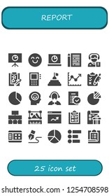 Vector icons pack of 25 filled report icons. Simple modern icons about  - Analytics, Happy, Sheet, Reporter, Clipboard, Dictaphone, Pyramid, Line chart, Chart, Happiness, Tasks