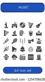 Vector icons pack of 25 filled music icons. Simple modern icons about  - Birthday, Play, Vinyl, Harp, Electric guitar, Listening, Bouquet, Piano, Tuning, Maraca, Confetti, Trumpet