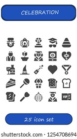 Vector icons pack of 25 filled celebration icons. Simple modern icons about  - Leprechaun, Lantern, Trophy, Mortarboard, Candy corn, Bartender, Rose, Graduation, Event, Heart