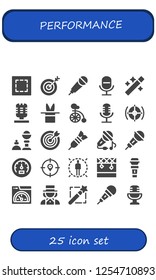 Vector icons pack of 25 filled performance icons. Simple modern icons about  - Marquee, Target, Karaoke, Microphone, Wand, Magic, Unicycle, Magic trick, Dart, Sing, Speedometer