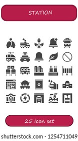 Vector icons pack of 25 filled station icons. Simple modern icons about  - Bells, Train, Green energy, Alarm bell, Electric car, Forbbiden, Waiting room, Bus, Factory, Hose, Traffic