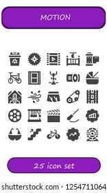 Vector icons pack of 25 filled motion icons. Simple modern icons about  - Recycling, Gear, Film roll, Cradle, Reel, Bicycle, Film, Stationary bike, Projector, Falling debris, Wind