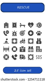 Vector icons pack of 25 filled rescue icons. Simple modern icons about  - Hospital, Stretcher, Porthole, Emergency call, Siren, Hose, Pawprints, Buoy, Lifesaver, Ambulance, Lifebuoy