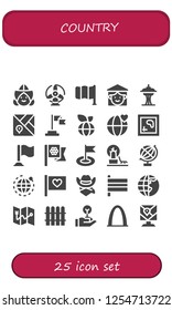 Vector icons pack of 25 filled country icons. Simple modern icons about  - Dutch, Windmill, Flag, Vietnamese, Space needle, Map, World, Flags, Landscape, Globe, Cowboy, Earth globe