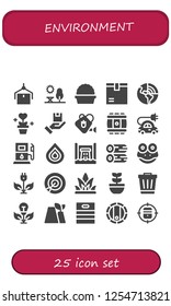 Vector icons pack of 25 filled environment icons. Simple modern icons about  - Package, Park, Plant, Geothermal, Watering can, Barrel, Electric car, Gas station, Drop, Hydro power