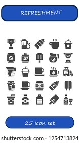Vector icons pack of 25 filled refreshment icons. Simple modern icons about  - Cup, Juice, Plastic bottle, Coffee cup, Soda, Can, Popsicle, Lemonade, Ice cream van, Bottle, Water bottle
