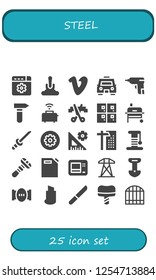 Vector icons pack of 25 filled steel icons. Simple modern icons about  - Settings, Shovel, Vimeo, Taxi, Caulk gun, Hammer, Toaster, Scissors, Lockers, Grill, Katana, Crane, Scratcher