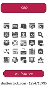 Vector icons pack of 25 filled seo icons. Simple modern icons about  - Web design, Vector, Responsive, Dashboard, Html, Color, Strategy, Virus search, At, Cms, Market, Copywriter