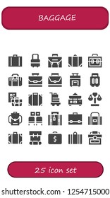 Vector icons pack of 25 filled baggage icons. Simple modern icons about  - Suitcase, Briefcase, Baggage, Sport bag, Case, Luggage, Balance, Backpack, Waiting room, Travel bag