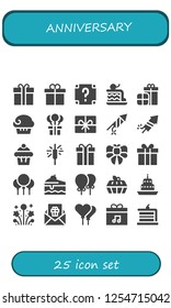 Vector icons pack of 25 filled anniversary icons. Simple modern icons about  - Gift box, Present, Surprise, Cake, Presents, Muffin, Gift, Firecracker, Fireworks, Sparkler, Bow