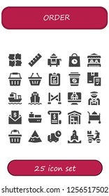 Vector icons pack of 25 filled order icons. Simple modern icons about  - Puzzle, Finger, Room service, Delivery, Grocery, Shopping basket, Take away, Cargo ship, Police line, Startup
