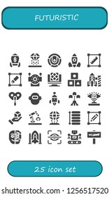 Vector icons pack of 25 filled futuristic icons. Simple modern icons about  - Rocket, Hologram, Robot, Rocket launch, Transform, Artificial intelligence, Cubes, Automaton, Spaceship