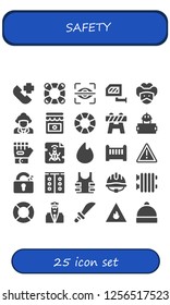 Vector icons pack of 25 filled safety icons. Simple modern icons about  - Emergency call, Lifesaver, Eye scan, Rearview mirror, Bandit, Firefighter, Jam, Lifebuoy, Barrier, Worker