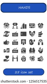 Vector icons pack of 25 filled hands icons. Simple modern icons about  - Handshake, Agreement, Homeless, Keyboard, Shake hands, Hands, Type, Hand, Ghost, Handgrip