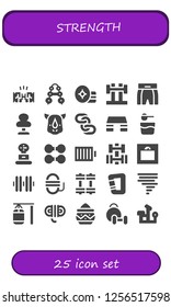 Vector icons pack of 25 filled strength icons. Simple modern icons about  - Fist, Barbell, Weight, Boxing shorts, Punching bag, Rhino, Chains, Fitness step, Powder, Dumbbell, Full battery