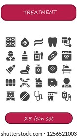Vector icons pack of 25 filled treatment icons. Simple modern icons about  - Pills, Blood, Toothpaste, Tooth, Sphygmomanometer, Pharmacist, Eye drops, Medicine, Plaster, Drug