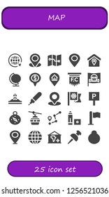 Vector icons pack of 25 filled map icons. Simple modern icons about  - Travel, Placeholder, Map, Location, Globe, Flag, Pirate, Mountain, Marker, Flags, Parking, Compass, Cableway