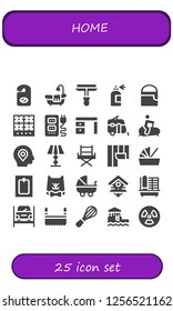 Vector icons pack of 25 filled home icons. Simple modern icons about  - Hanger, Bathtub, Paint roller, Spray bottle, Paint bucket, Burner, Socket, Desk, Caravan, Stationary bike