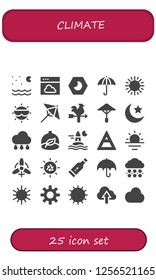 Vector icons pack of 25 filled climate icons. Simple modern icons about  - Night, Cloud, Umbrella, Sun, Vane, Rain, Ecologism, Ocean, Air, Sunrise, Wind, Thermometer, Hail