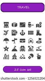 Vector icons pack of 25 filled travel icons. Simple modern icons about  - Backpack, Pool, Map, Rickshaw, Origami, Fuel station, Anchor, Railway, Boot, Umbrella, Signpost, Float