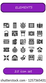 Vector icons pack of 25 filled elements icons. Simple modern icons about  - d, Churros, Stopwatch, Ticket, Baggage, Doorknob, Chronometer, Nightstand, Jury, Pattern design, Independence