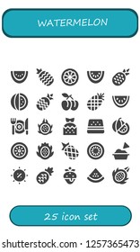 Vector icons pack of 25 filled watermelon icons. Simple modern icons about  - Watermelon, Pineapple, Mangosteen, Plum, Breakfast, Dragon fruit, Strawberry, Kiwi, Guacamole, Summer