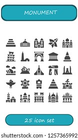 Vector icons pack of 25 filled monument icons. Simple modern icons about  - Pyramid, White house, Castle, Thai kite, Taj mahal, Pisa, Qutb minar, Arch, Pantheon, Temple, Opera house