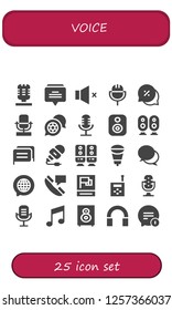 Vector icons pack of 25 filled voice icons. Simple modern icons about  - Microphone, Chat, Volume, Speaker, Loudspeaker, Propaganda, Walkie talkie, Music, Audio