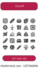 Vector icons pack of 25 filled flour icons. Simple modern icons about  - Waffle, Bread, Cinnamon roll, Sourdough, Windmill, Rolling pin, Dumpling, Samosa, Baguette