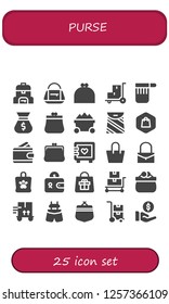 Vector icons pack of 25 filled purse icons. Simple modern icons about  - Bag, Purse, Trolley, Shopping, Wallet, Strongbox, Suspenders, Payment