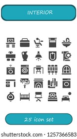 Vector icons pack of 25 filled interior icons. Simple modern icons about  - Vanity, Fridge, Chair, Bed, Sink, Desk, Vase, Lamp, Bidet, Planning, Washing machine, Room divider