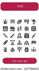 Vector icons pack of 25 filled fire icons. Simple modern icons about  - Alarm, Smore, Meteorite, Hose, Magic, Flood, Campfire, Marshmallow, Mine, Stove, Ladder, Firefighter, Match