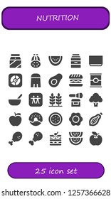 Vector icons pack of 25 filled nutrition icons. Simple modern icons about  - Milk, Courgette, Watermelon, Soup, Apple, Salt, Avocado, Hamburger, Tomato, Baby food, Wheat, Powder