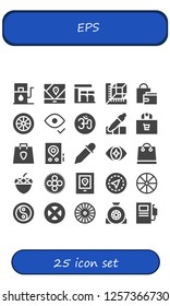 Vector icons pack of 25 filled eps icons. Simple modern icons about  - Gas station, Gps, Measure, Shopping bag, Wheel, Eye, Om, Eyedropper, Acorn, Yin yang, Fuel station