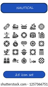 Vector icons pack of 25 filled nautical icons. Simple modern icons about  - Rope, Cargo ship, Boat, Sailing, Wind rose, Lighthouse, Fins, Lifesaver, Captain, Lifebuoy, Compass