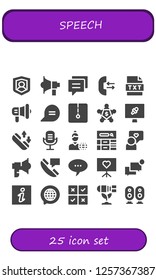 Vector icons pack of 25 filled speech icons. Simple modern icons about  - Social, Megaphone, Conversation, Call, Text, Chat, Meeting, News report, Phone call, Microphone, News reporter