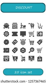 Vector icons pack of 25 filled discount icons. Simple modern icons about  - Trolley, Shop, Shopping, Shopping cart, Discount, Coupon, Online shop, Gift card, Sale time, Tag, Label