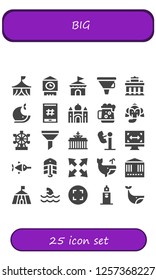 Vector icons pack of 25 filled big icons. Simple modern icons about  - Circus, Big ben, Funnel, Brandenburg gate, Whale, Hashtag, Taj mahal, Dark beer, Elephant, London eye, Amusement park