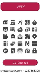 Vector icons pack of 25 filled open icons. Simple modern icons about  - Key, Shop, Keys, Lockers, Package, Padlock, Library, Piano, Postal, Postcard, Mailbox, Email, Folder, Privacy