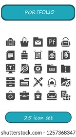 Vector icons pack of 25 filled portfolio icons. Simple modern icons about  - Bag, Folder, Portfolio, File, Suitcase, Layout, Typography, Cabinet, Graphic design, Luggage, Briefcase