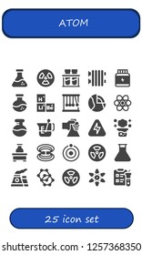 Vector icons pack of 25 filled atom icons. Simple modern icons about  - Flask, Radiation, Chemical, Radiator, Protein, Periodic table, Momentum, Geothermal, Chemistry, Beaker