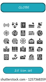 Vector icons pack of 25 filled globe icons. Simple modern icons about  - Worldwide, Network, Contacts, Cargo, Satellite, World, Earth, Lock phone, Email, Ecology, Map, Money transfer